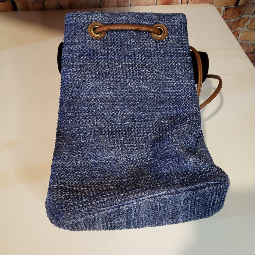 Blue Woven Drawstring Backpack — Leather Trim & Brass Accents